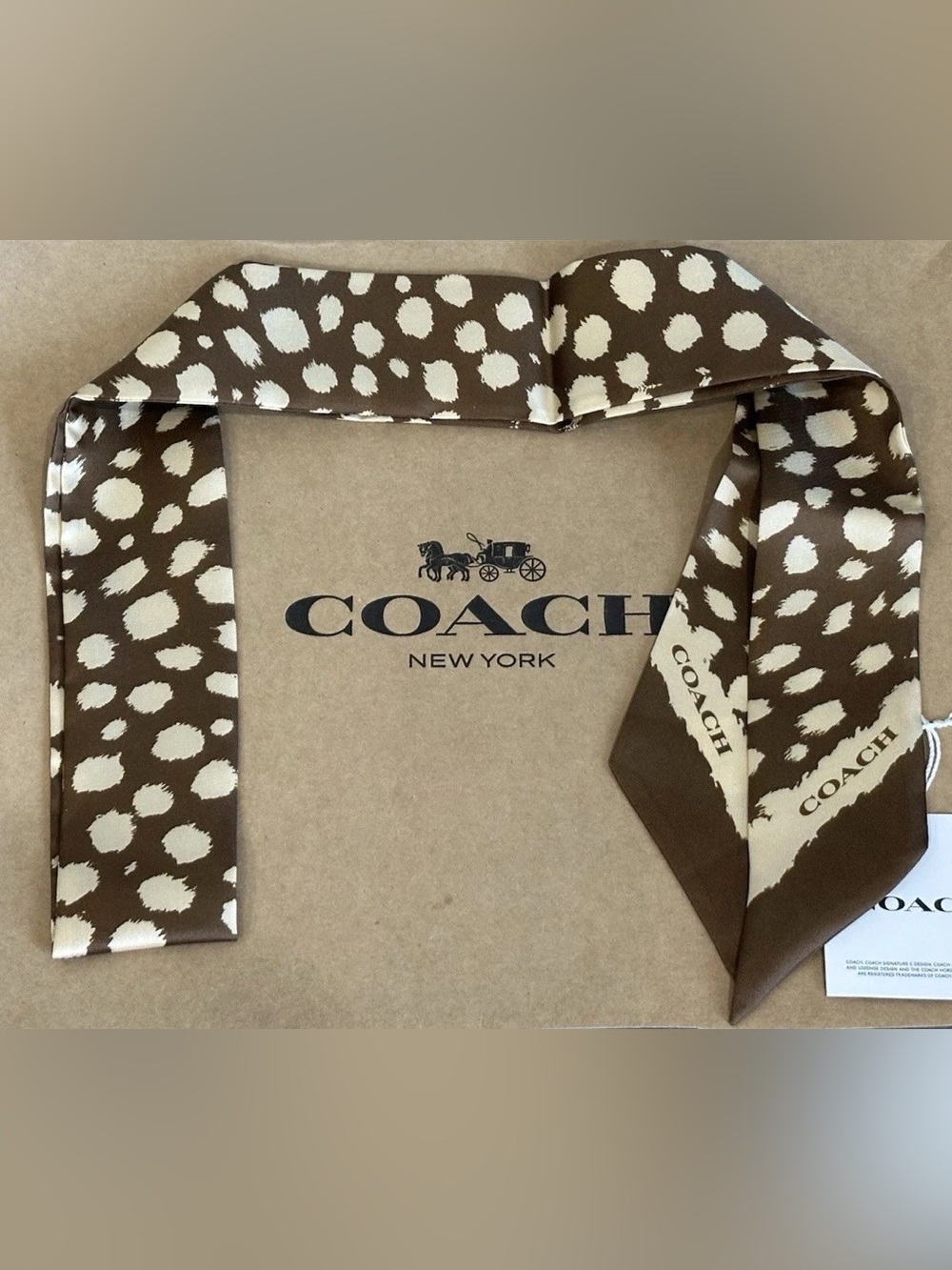 COACH Brown and Cream Leopard-Spot Silk Twilly Scarf - Picture 5 of 6
